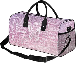Custom Travel Duffel Bag with Name Butterfly, Personalized Gym Bag for Women, Custom Sport Tote Bags for Dance Cheer, Overnight Weekender Bags, Rose Pink Glitter