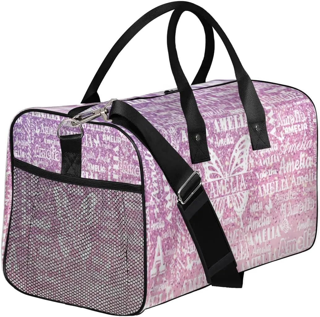 Custom Travel Duffel Bag with Name Butterfly, Personalized Gym Bag for Women, Custom Sport Tote Bags for Dance Cheer, Overnight Weekender Bags, Rose Pink Glitter