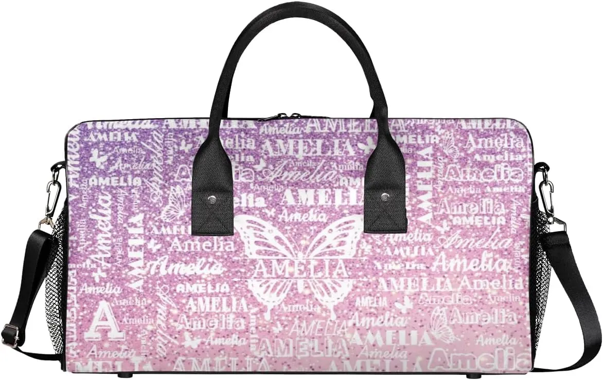 Custom Travel Duffel Bag with Name Butterfly, Personalized Gym Bag for Women, Custom Sport Tote Bags for Dance Cheer, Overnight Weekender Bags, Rose Pink Glitter