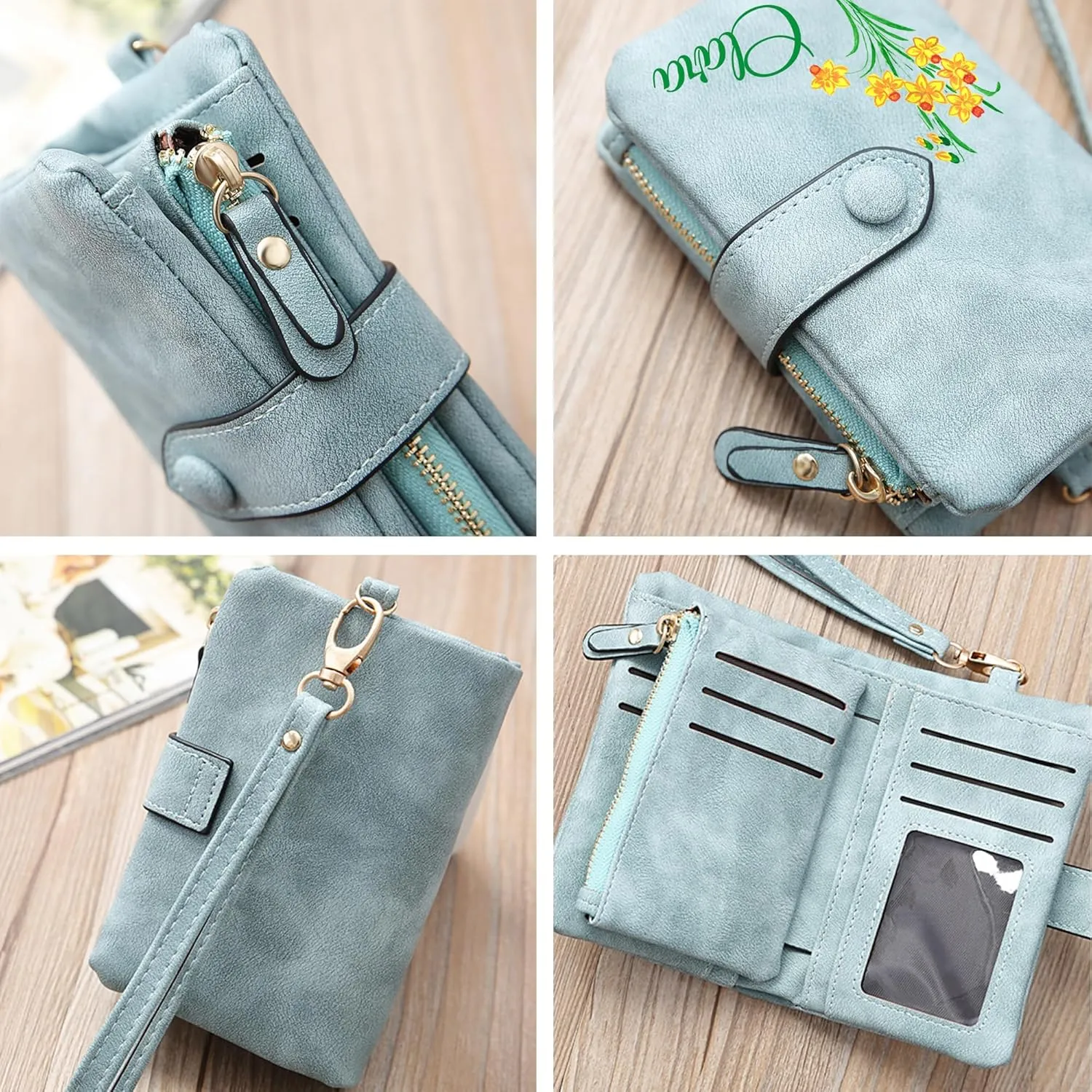 Custom Wallet w/Name & Colorful Birth Flower Personalized Gifts for Women Teen Girls, Customized Floral Name Ladies Wallet Cute Small Wristlet Purse Leather Card Holder, Gray
