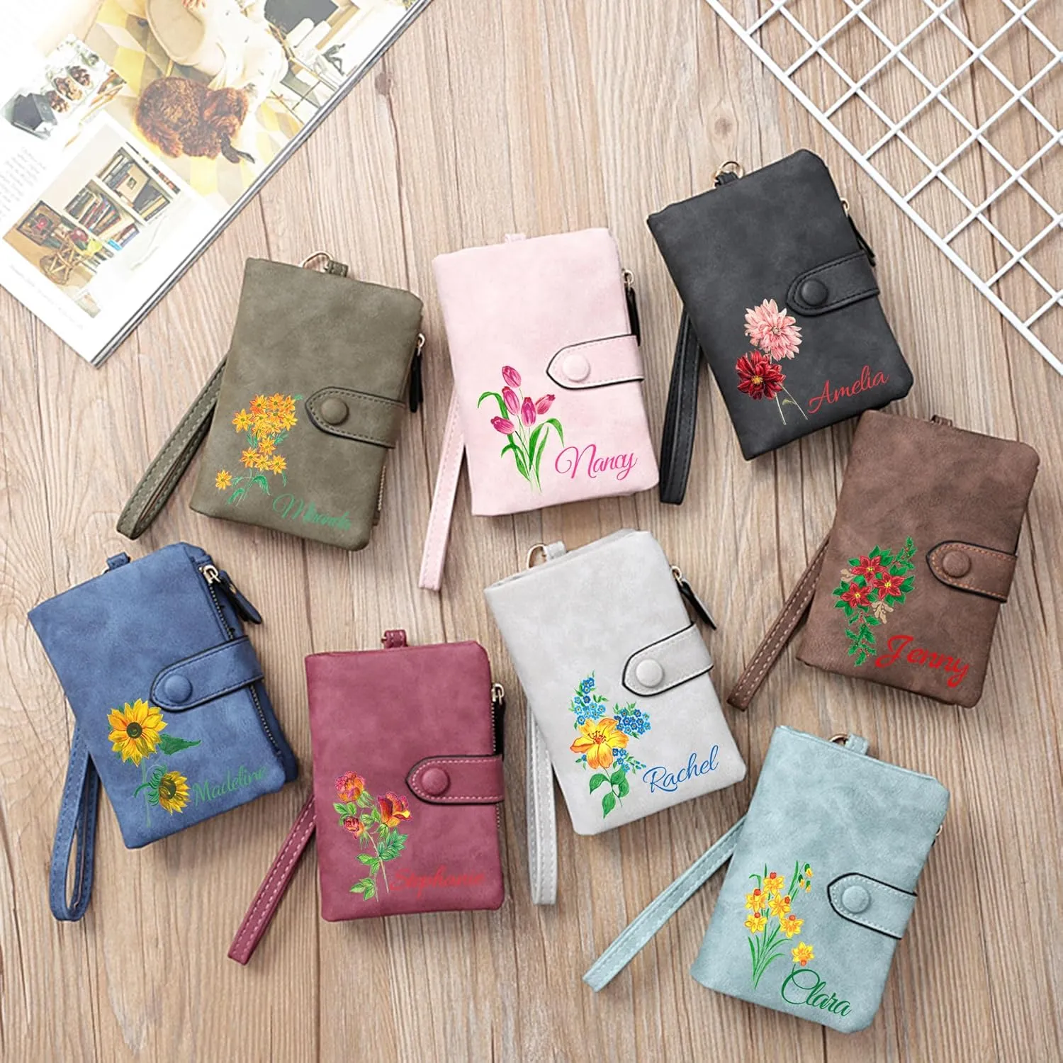Custom Wallet w/Name & Colorful Birth Flower Personalized Gifts for Women Teen Girls, Customized Floral Name Ladies Wallet Cute Small Wristlet Purse Leather Card Holder, Gray