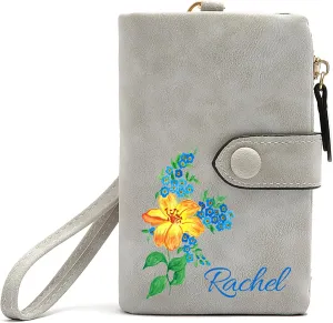 Custom Wallet w/Name & Colorful Birth Flower Personalized Gifts for Women Teen Girls, Customized Floral Name Ladies Wallet Cute Small Wristlet Purse Leather Card Holder, Gray