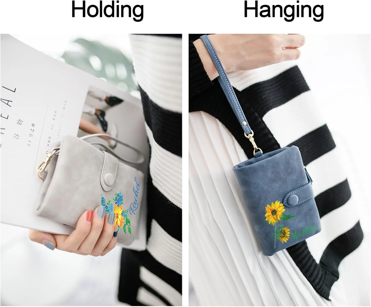 Custom Wallet w/Name & Colorful Birth Flower Personalized Gifts for Women Teen Girls, Customized Floral Name Ladies Wallet Cute Small Wristlet Purse Leather Card Holder, Gray
