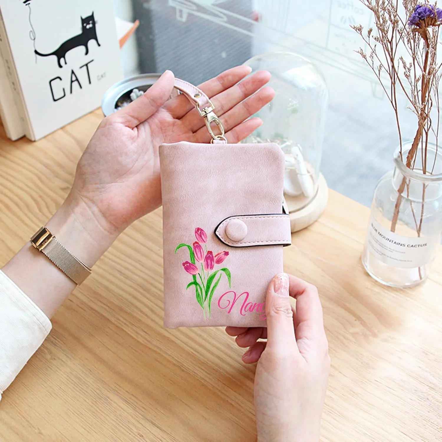 Custom Wallet w/Name & Colorful Birth Flower Personalized Gifts for Women Teen Girls, Customized Floral Name Ladies Wallet Cute Small Wristlet Purse Leather Card Holder, Gray