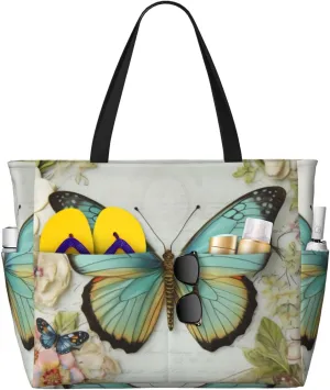 Cute Beach Tote Pool Bags for Women-Large Gym Grocery Tote Travel Towel Bag Reusable Handbags,7 Pockets, Zipper