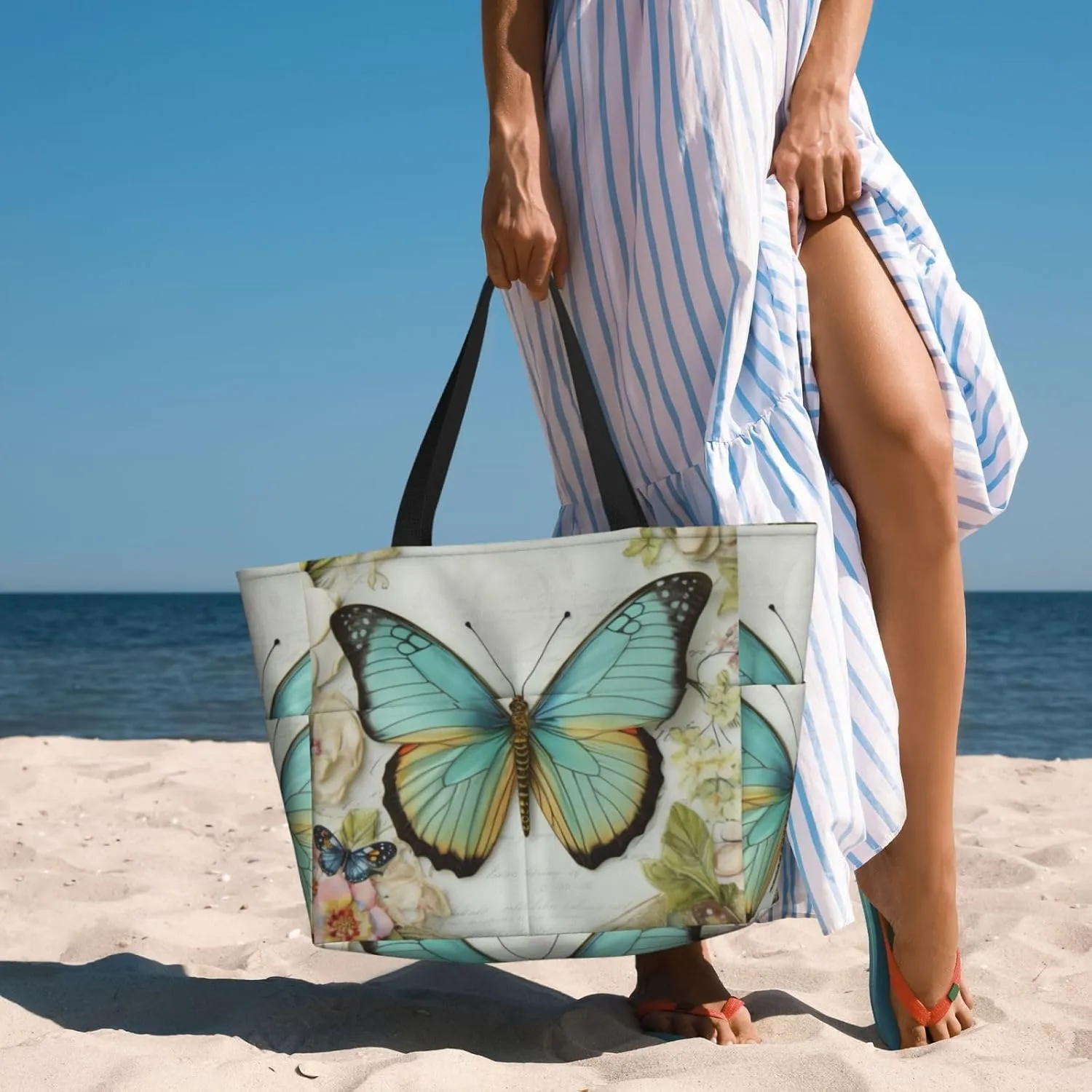 Cute Beach Tote Pool Bags for Women-Large Gym Grocery Tote Travel Towel Bag Reusable Handbags,7 Pockets, Zipper