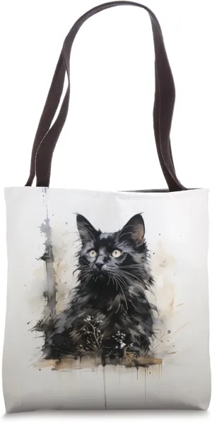 Cute Fluffy Black and Gray Cat Portrait Painting Tote Bag