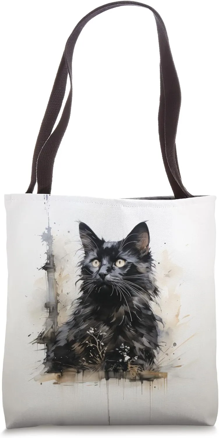 Cute Fluffy Black and Gray Cat Portrait Painting Tote Bag