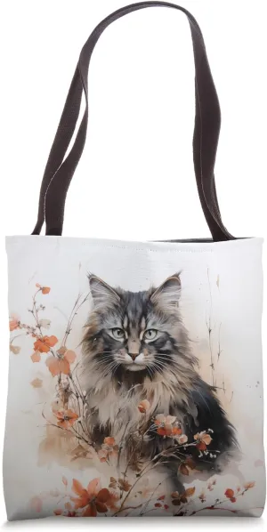 Cute Fluffy Gray & Brown Tabby Cat and Flowers Painting Tote Bag