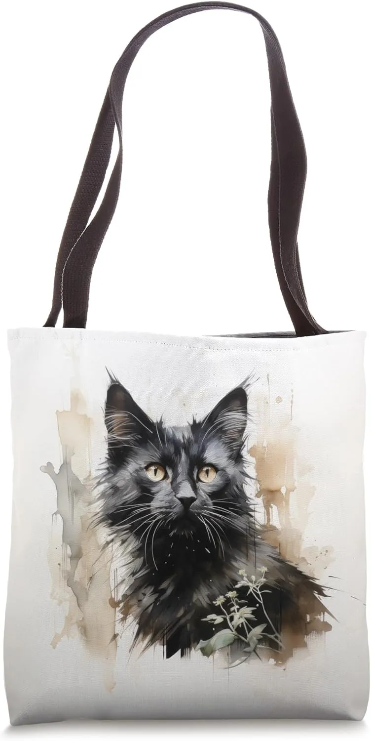 Cute Fluffy Smoky Black and Gray Cat Portrait Painting Tote Bag