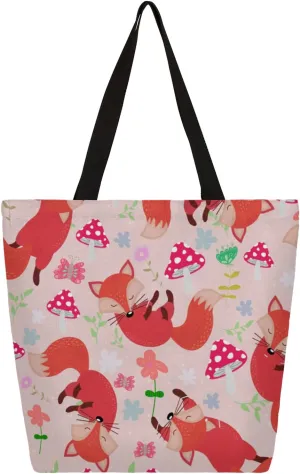 Cute Fox Mushroom Butterfly Large Capacity Canvas Tote Bag Stylish Handheld Shoulder Bag Reusable Shopping Bag for Work Travel Beach Trips Shopping