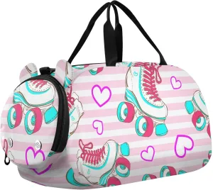 Cute Glamour Roller Skates Gym Travel Duffel Bag with Shoe Compartment for Boys Girls - Gymnastics Sports Dance Football Travel Bag Teens Weekender Sleepover