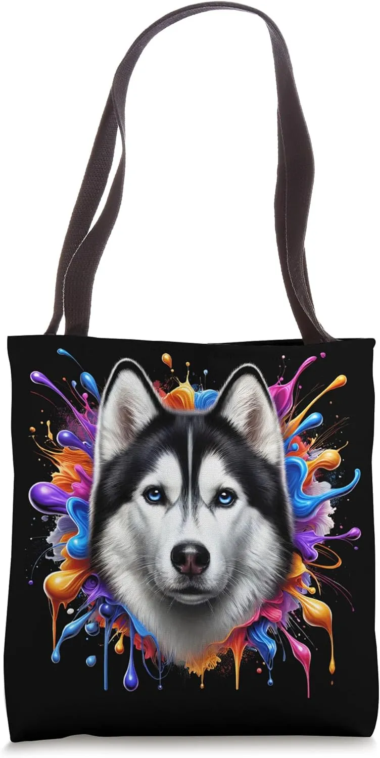 Cute Husky in Colourful Paint Splashes Tote Bag