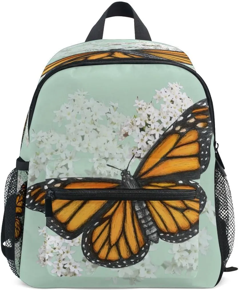 Cute Toddler Backpack Mini Travel Bag Monarch Butterfly Illustration Drawn in Pen with Digital Color for Baby Girl Boy Age 3-7