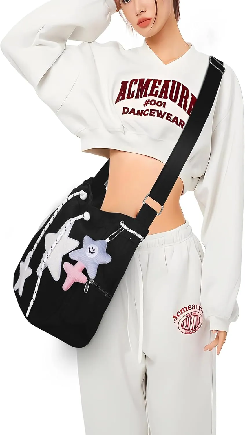 Cute Tote Bag for Women, Aesthetic Canvas Crossbody Bag Y2k Star Hobo Shoulder Purse Kawaii Zipper Messenger Bag
