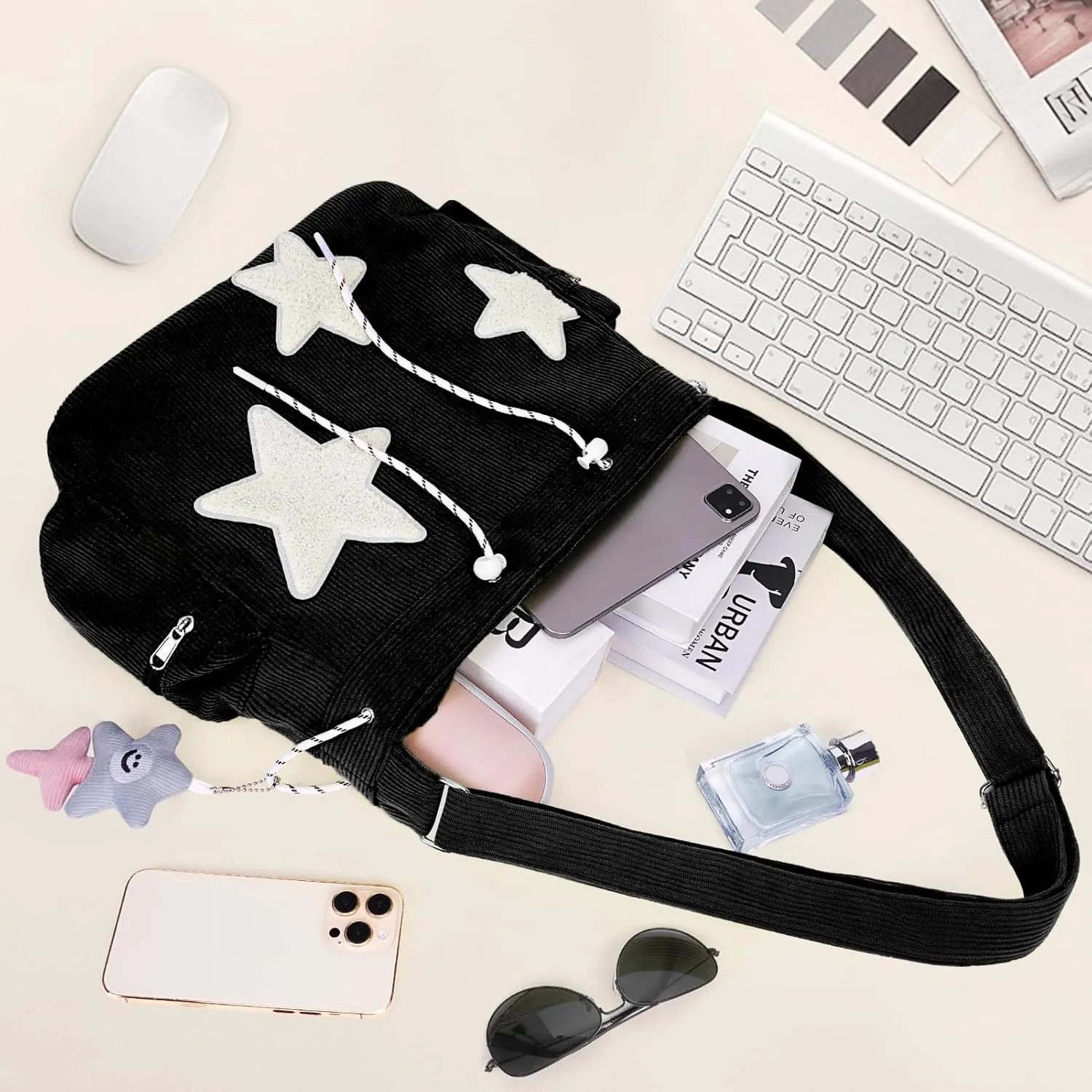 Cute Tote Bag for Women, Aesthetic Canvas Crossbody Bag Y2k Star Hobo Shoulder Purse Kawaii Zipper Messenger Bag
