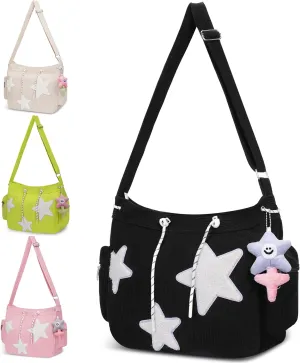 Cute Tote Bag for Women, Aesthetic Canvas Crossbody Bag Y2k Star Hobo Shoulder Purse Kawaii Zipper Messenger Bag