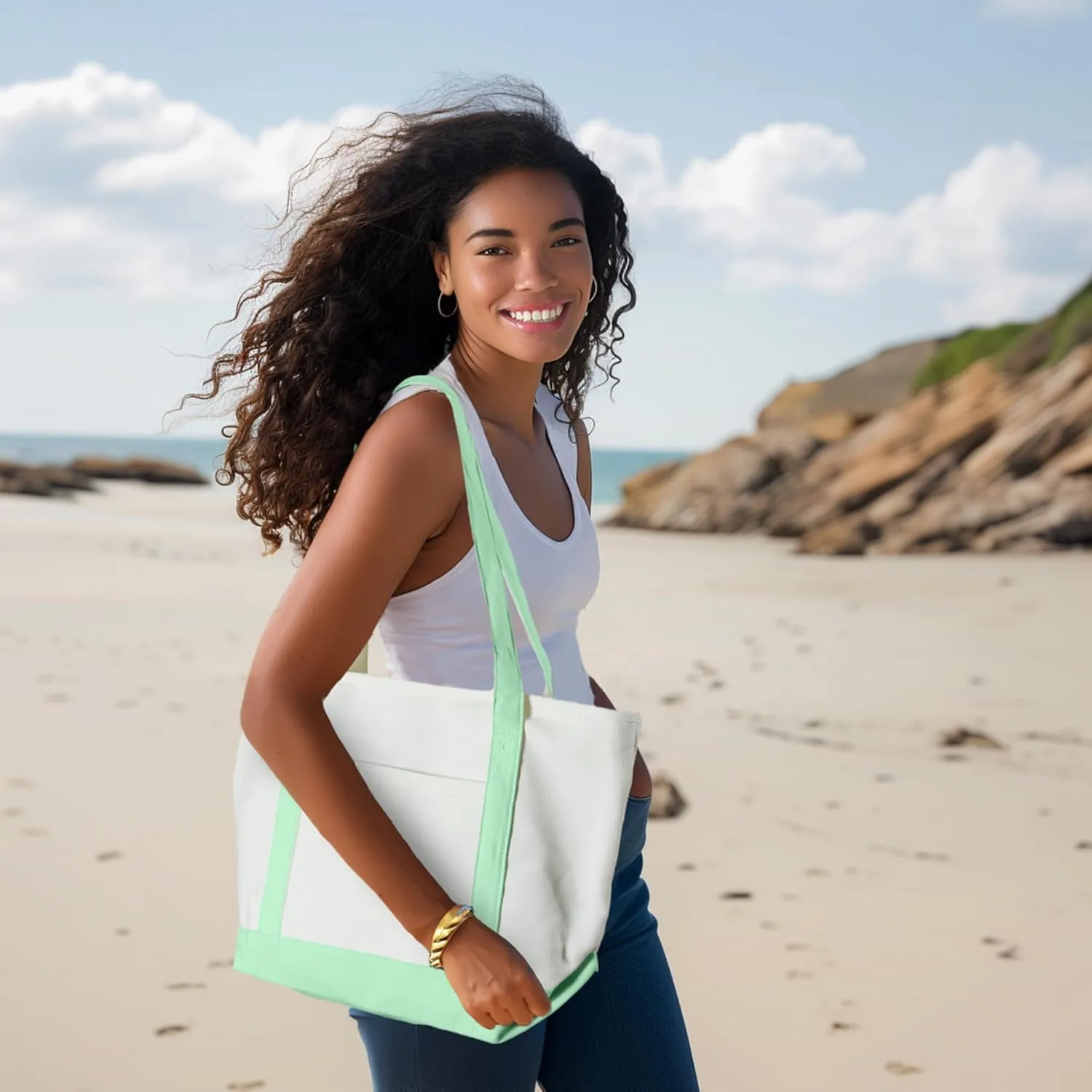 DALIX Daily Shoulder Tote Bag Premium Cotton in Mint Green
