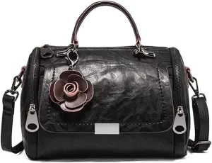Dayfine Women Satchel Bags Faux Leather Top Handle Handbags Boston Crossbody Bags Flower Pendant Zipper Purse Shoulder Bag