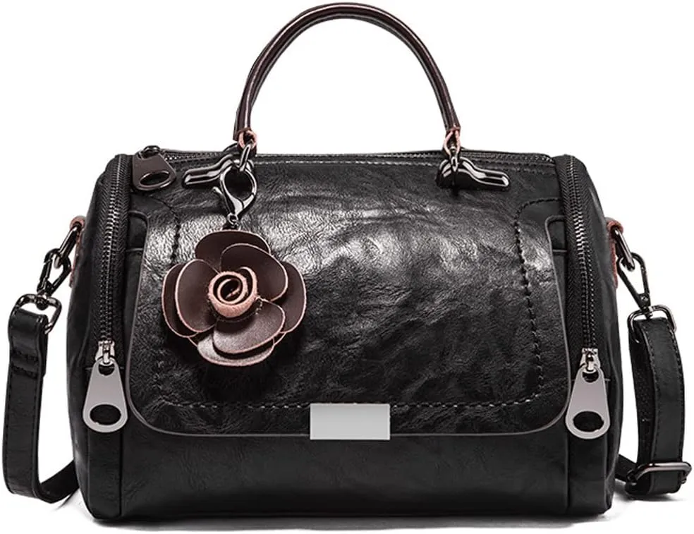 Dayfine Women Satchel Bags Faux Leather Top Handle Handbags Boston Crossbody Bags Flower Pendant Zipper Purse Shoulder Bag
