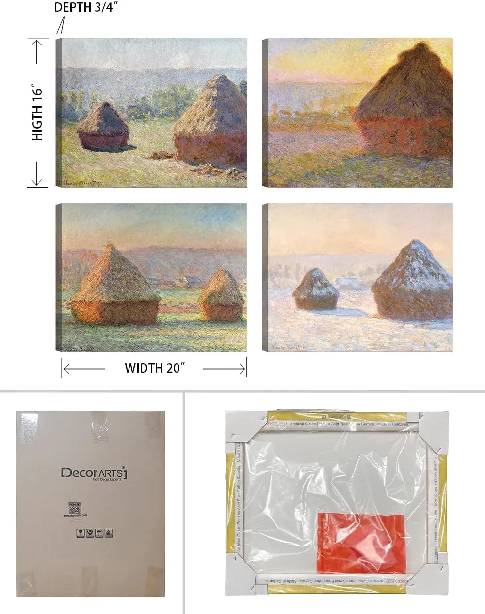 DECORARTS - Haystacks Series Series(Quadruple), Claude Monet Art Reproduction. Giclee Canvas Prints Wall Art for Home Decor 20x16, 4pcs/set