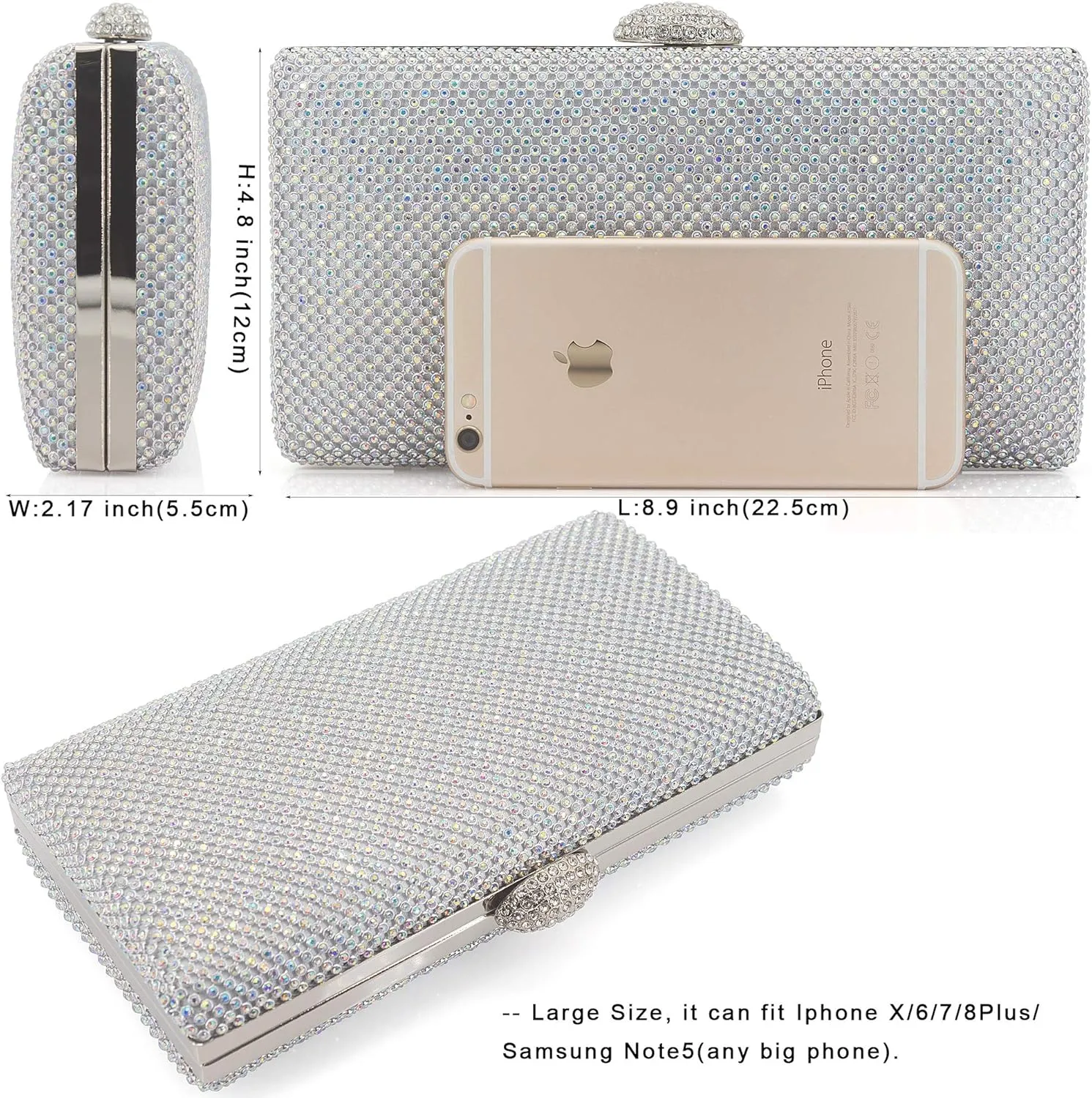 Dexmay Large Rhinestone Purse with Crystal Clasp Evening Clutch Bag Formal Party Handbag