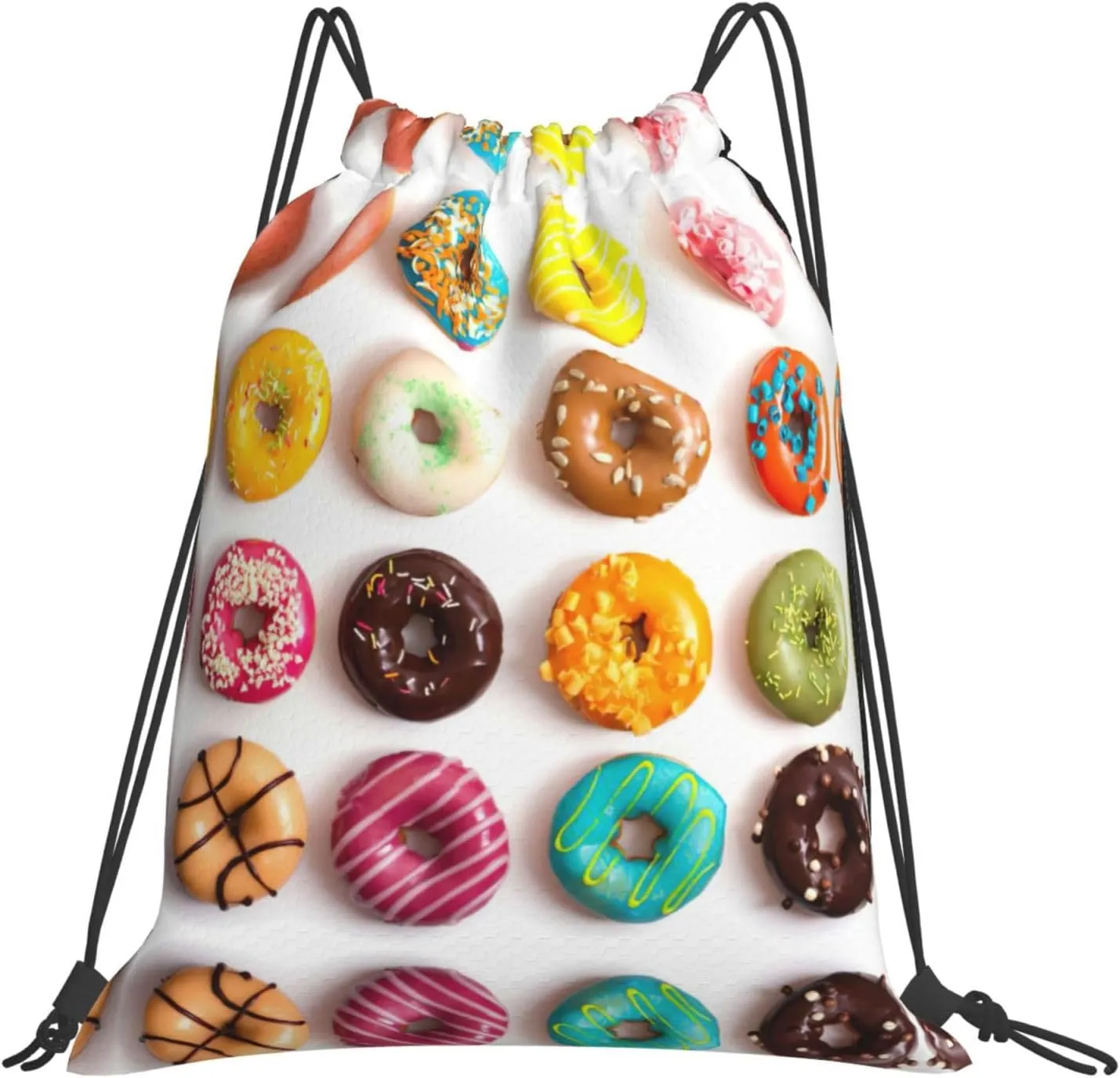 Different Flavors of Doughnuts print casual drawstring backpack Gym Bag Sports, fitness, yoga, travel backpack Men Women, White