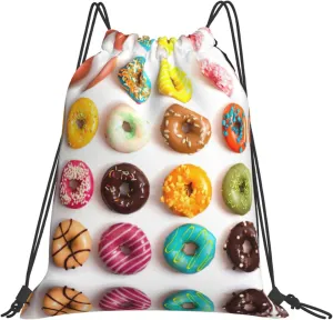 Different Flavors of Doughnuts print casual drawstring backpack Gym Bag Sports, fitness, yoga, travel backpack Men Women, White