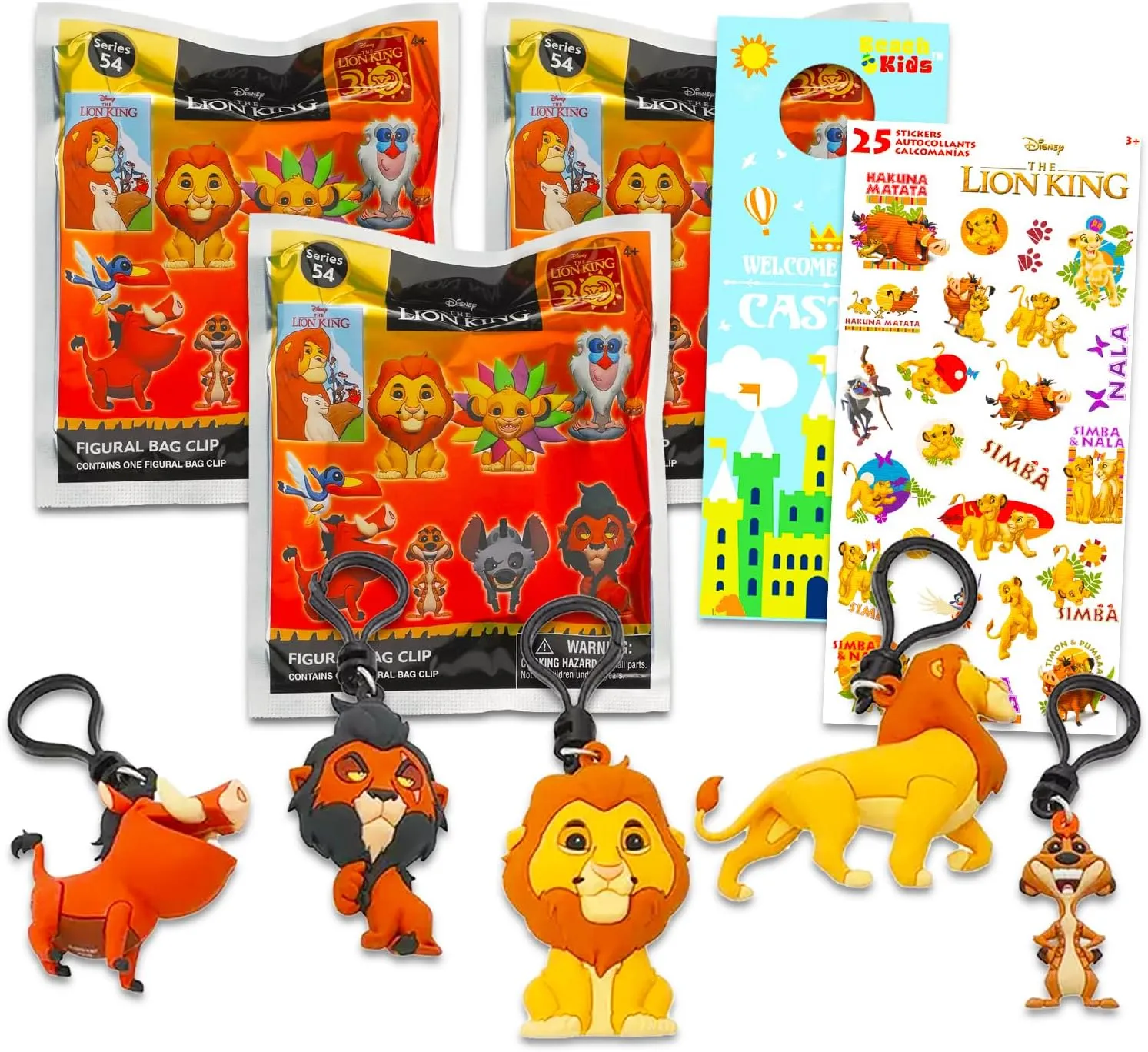 Disney Lion King Blind Bag Party Favor 3 Pack - Bundle with 3 Lion King Keychain Mystery Figures Plus Stickers | Lion King Bag Clips for Kids, Boys, Girls