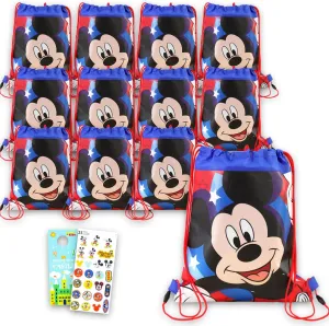 Disney Mickey Mouse Party Favor Bags Set - Bundle with 12 Drawstring Bags for Kid and Stickers | Mickey Mouse Birthday Party Supplies