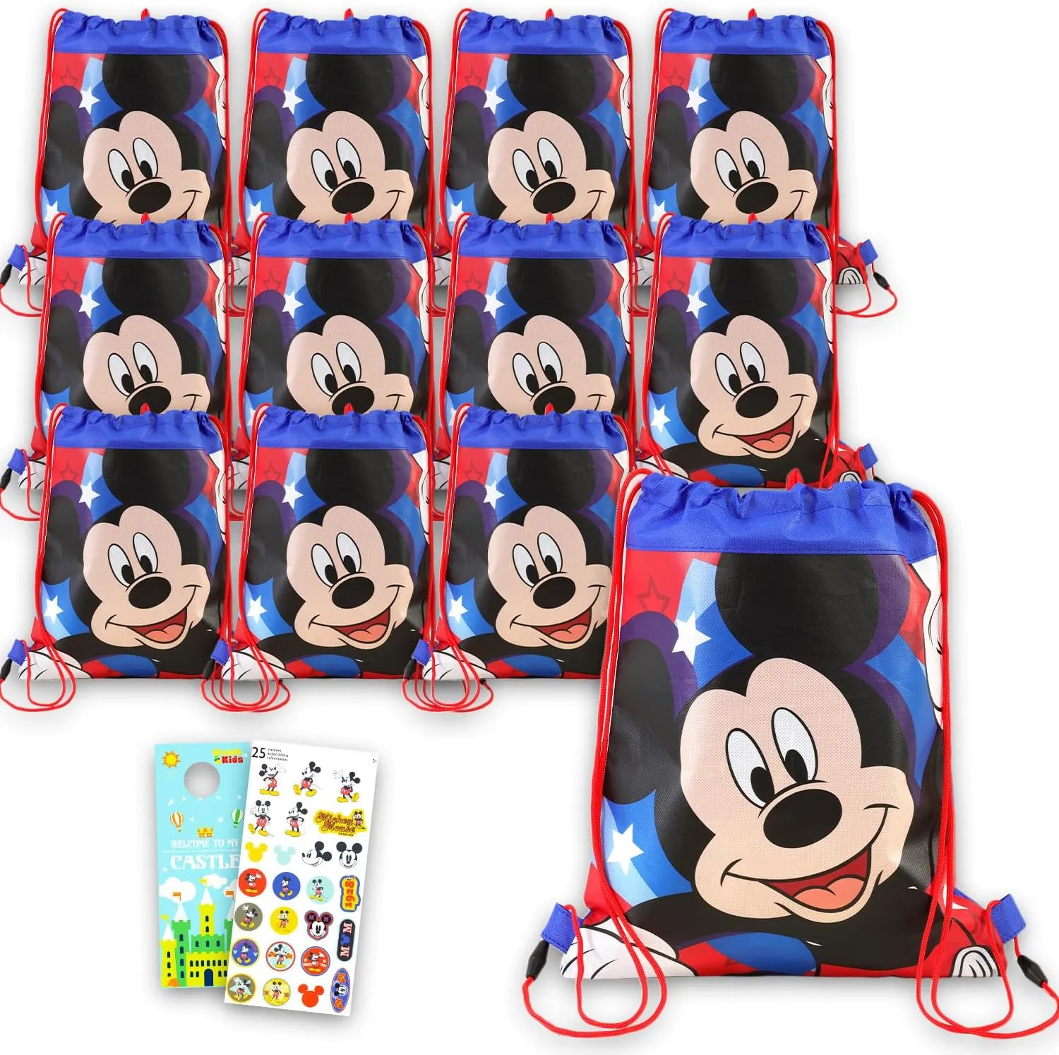 Disney Mickey Mouse Party Favor Bags Set - Bundle with 12 Drawstring Bags for Kid and Stickers | Mickey Mouse Birthday Party Supplies