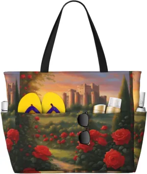Distant Castle Large Capacity Waterproof Sandproof With Zipper Beach Bag 17.7x6.7x15in For Gym Grocery Store Travel Camping