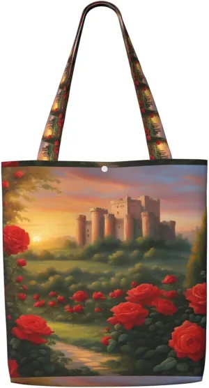 Distant Castle Reusable Canvas Shoulder Shopping Bag With Four Closure Buckle Tote Storage Bag
