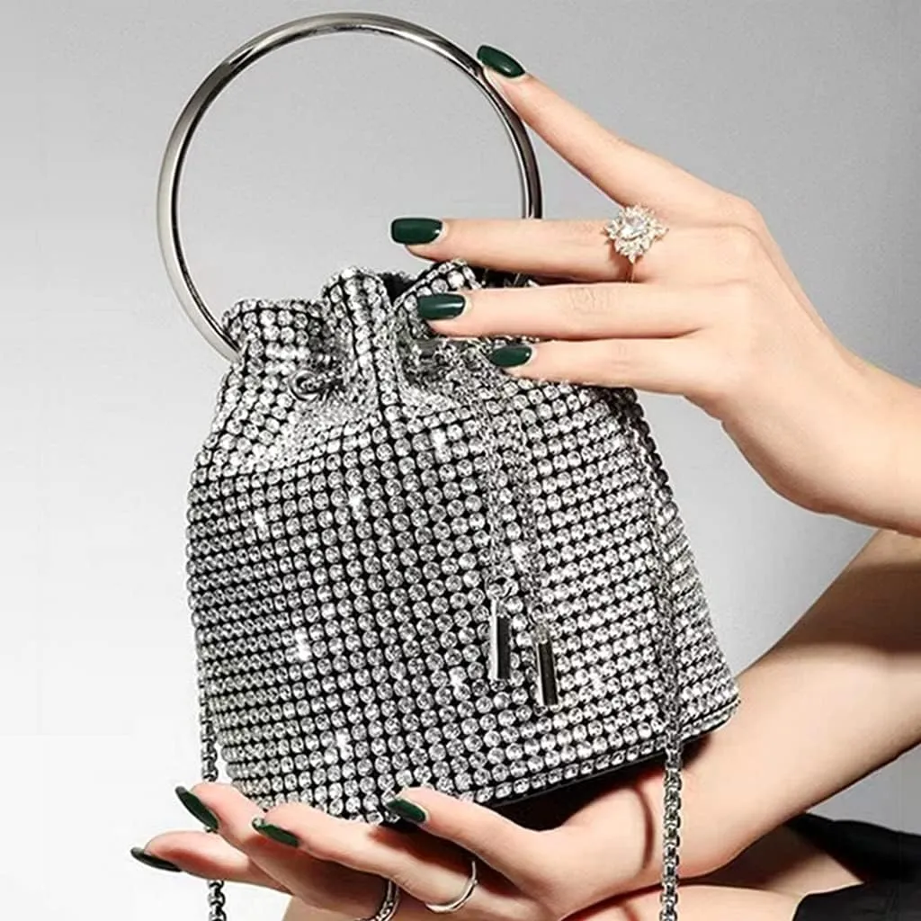 DJBM Women Full Diamonds Bucket Handbag Rhinestone Clutch Purse Evening Clutch for Women Party Prom Cocktail Wedding