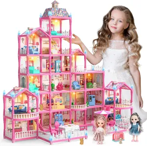 Dolls Huge House for Girls, 6-Story Dream Dolls Girls Houses with 4 Dolls Toy Figures, Furniture and Accessories, LED Light, Pink Play Toy House Gifts for Little Girls Ages 3 4 5 6 7 8 9 10 
