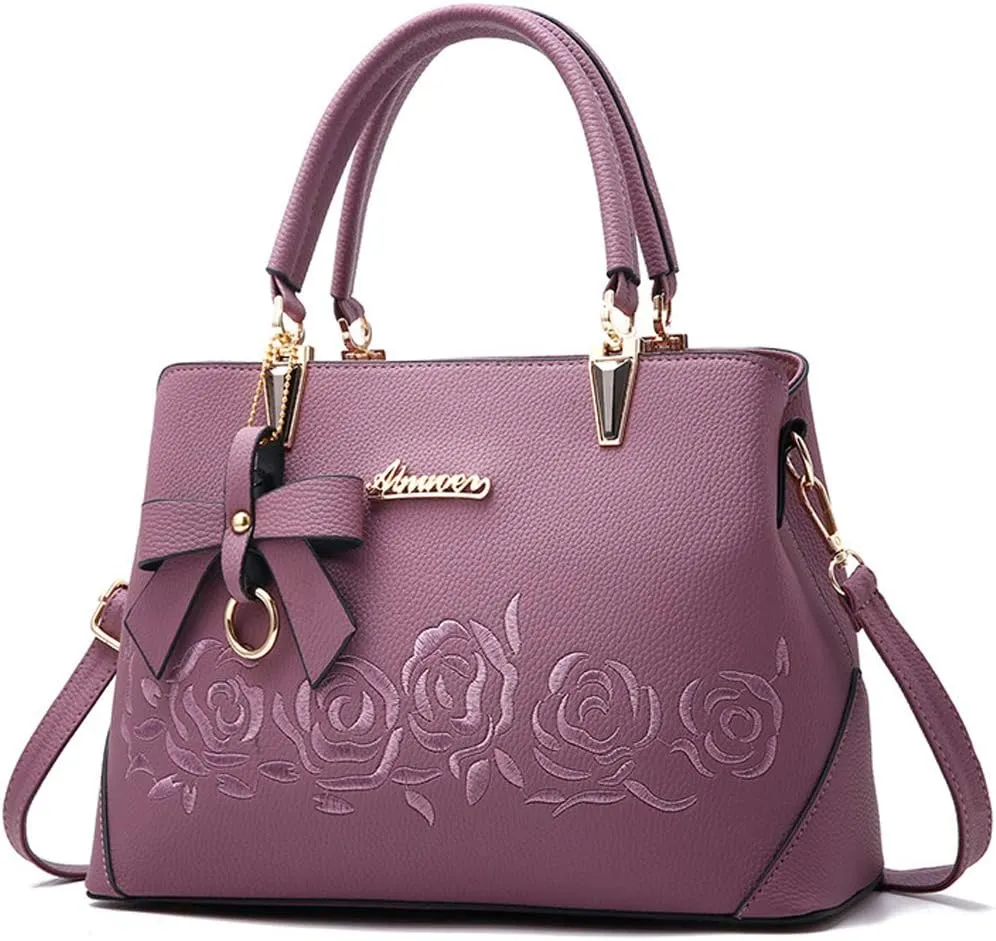 Downupdown Top Handle Bag Women Handbags Faux Leather Satchel Flower Embroidery Purse Medium Tote Bags Crossbody Shoulder Bag