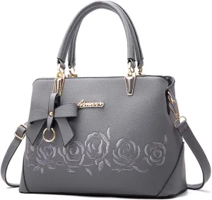 Downupdown Top Handle Bag Women Handbags Faux Leather Satchel Flower Embroidery Purse Medium Tote Bags Crossbody Shoulder Bag