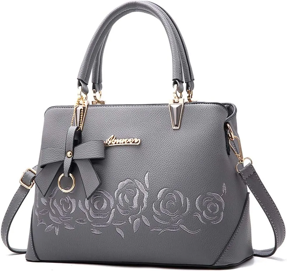 Downupdown Top Handle Bag Women Handbags Faux Leather Satchel Flower Embroidery Purse Medium Tote Bags Crossbody Shoulder Bag