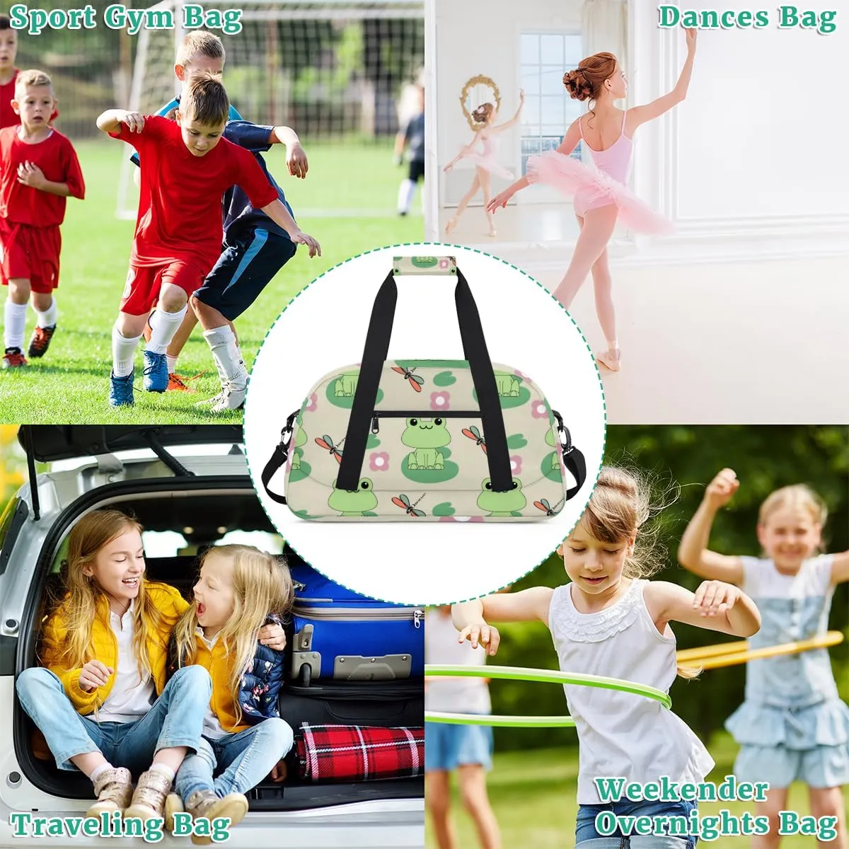 Dragonfly Frog Boys Girls Gym Bag Dance Perform Training Duffel Bags Weekender Carry-On Tote Luggage Bag Ideal for School Practice or Overnight Trips
