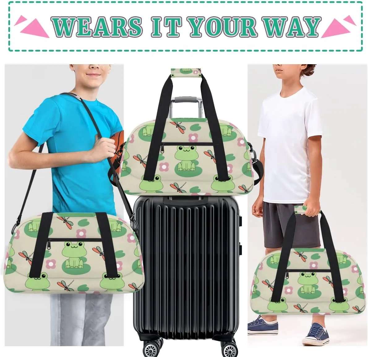 Dragonfly Frog Boys Girls Gym Bag Dance Perform Training Duffel Bags Weekender Carry-On Tote Luggage Bag Ideal for School Practice or Overnight Trips