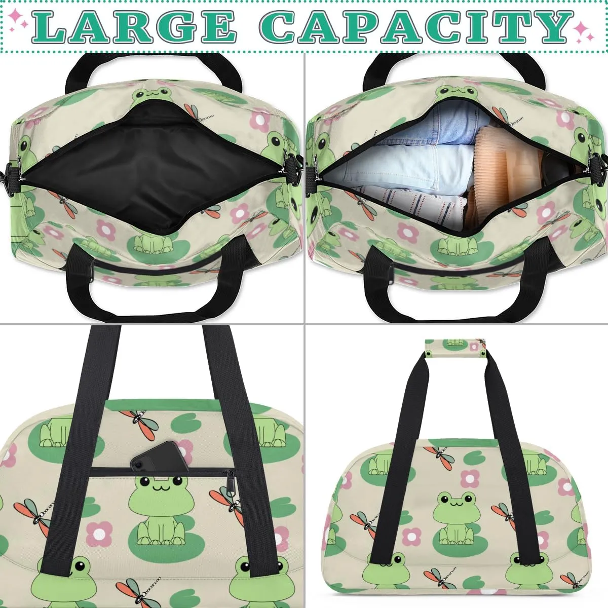 Dragonfly Frog Boys Girls Gym Bag Dance Perform Training Duffel Bags Weekender Carry-On Tote Luggage Bag Ideal for School Practice or Overnight Trips