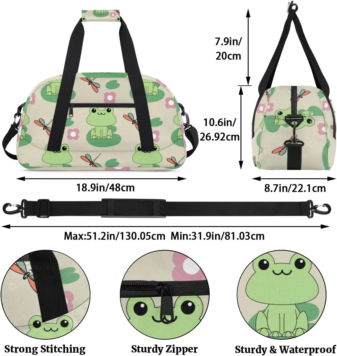 Dragonfly Frog Boys Girls Gym Bag Dance Perform Training Duffel Bags Weekender Carry-On Tote Luggage Bag Ideal for School Practice or Overnight Trips