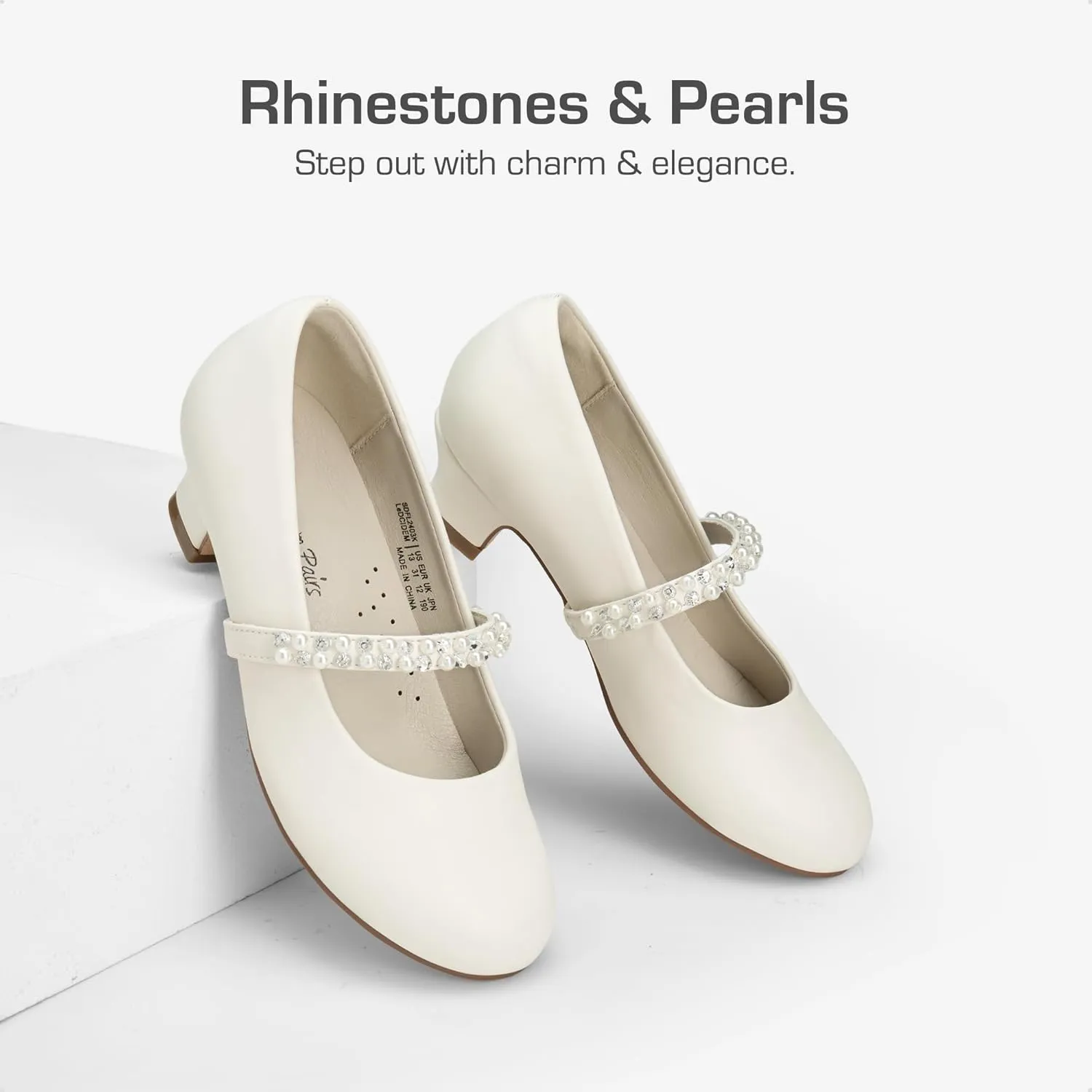 DREAM PAIRS Girls Dress Shoes Low Heels for Little Big Girl Mary Jane Shoes with Pearl Rhinestones Flower Girl Pumps Princess Wedding Party