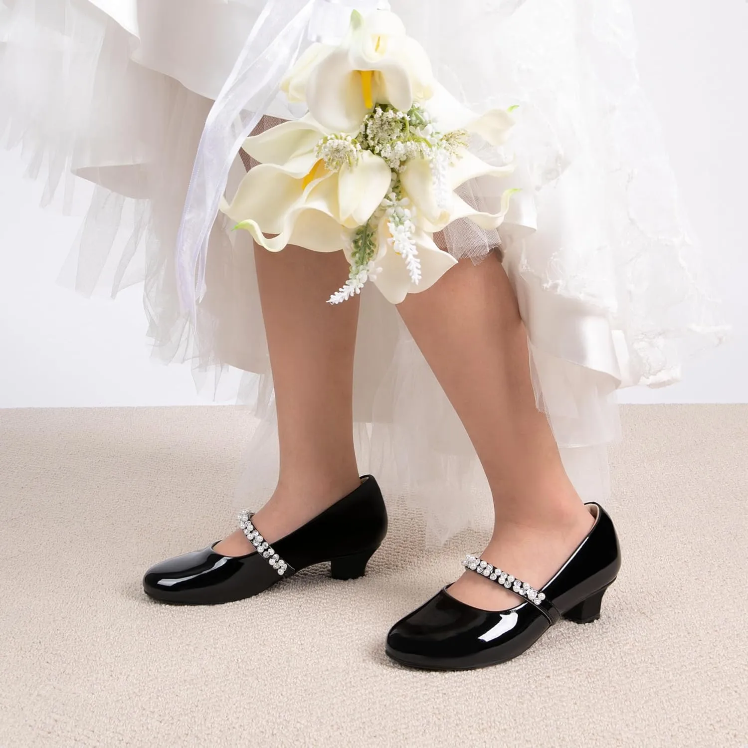 DREAM PAIRS Girls Dress Shoes Low Heels for Little Big Girl Mary Jane Shoes with Pearl Rhinestones Flower Girl Pumps Princess Wedding Party