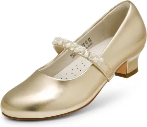 DREAM PAIRS Girls Dress Shoes Low Heels for Little Big Girl Mary Jane Shoes with Pearl Rhinestones Flower Girl Pumps Princess Wedding Party