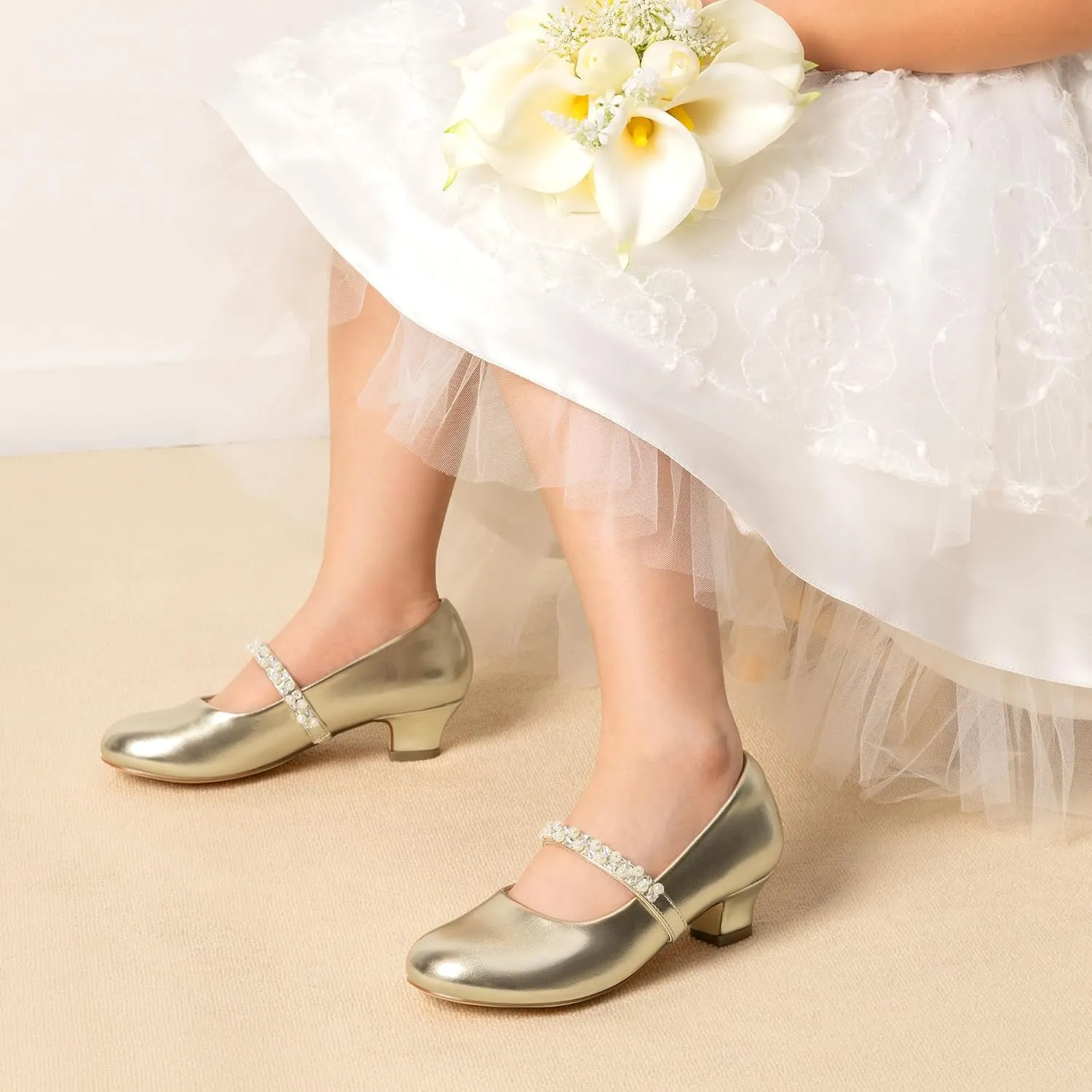 DREAM PAIRS Girls Dress Shoes Low Heels for Little Big Girl Mary Jane Shoes with Pearl Rhinestones Flower Girl Pumps Princess Wedding Party