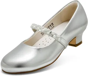 DREAM PAIRS Girls Dress Shoes Low Heels for Little Big Girl Mary Jane Shoes with Pearl Rhinestones Flower Girl Pumps Princess Wedding Party