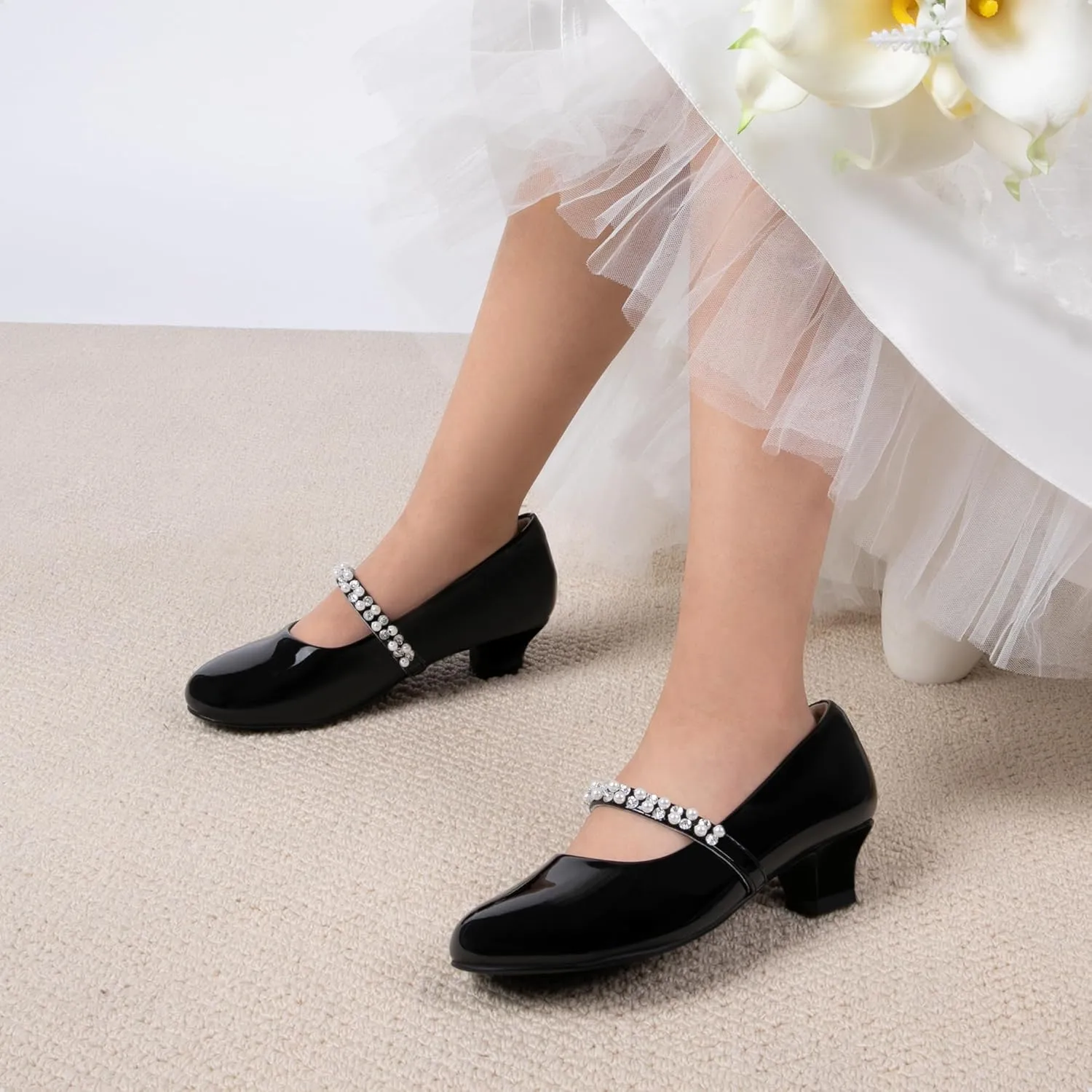 DREAM PAIRS Girls Dress Shoes Low Heels for Little Big Girl Mary Jane Shoes with Pearl Rhinestones Flower Girl Pumps Princess Wedding Party