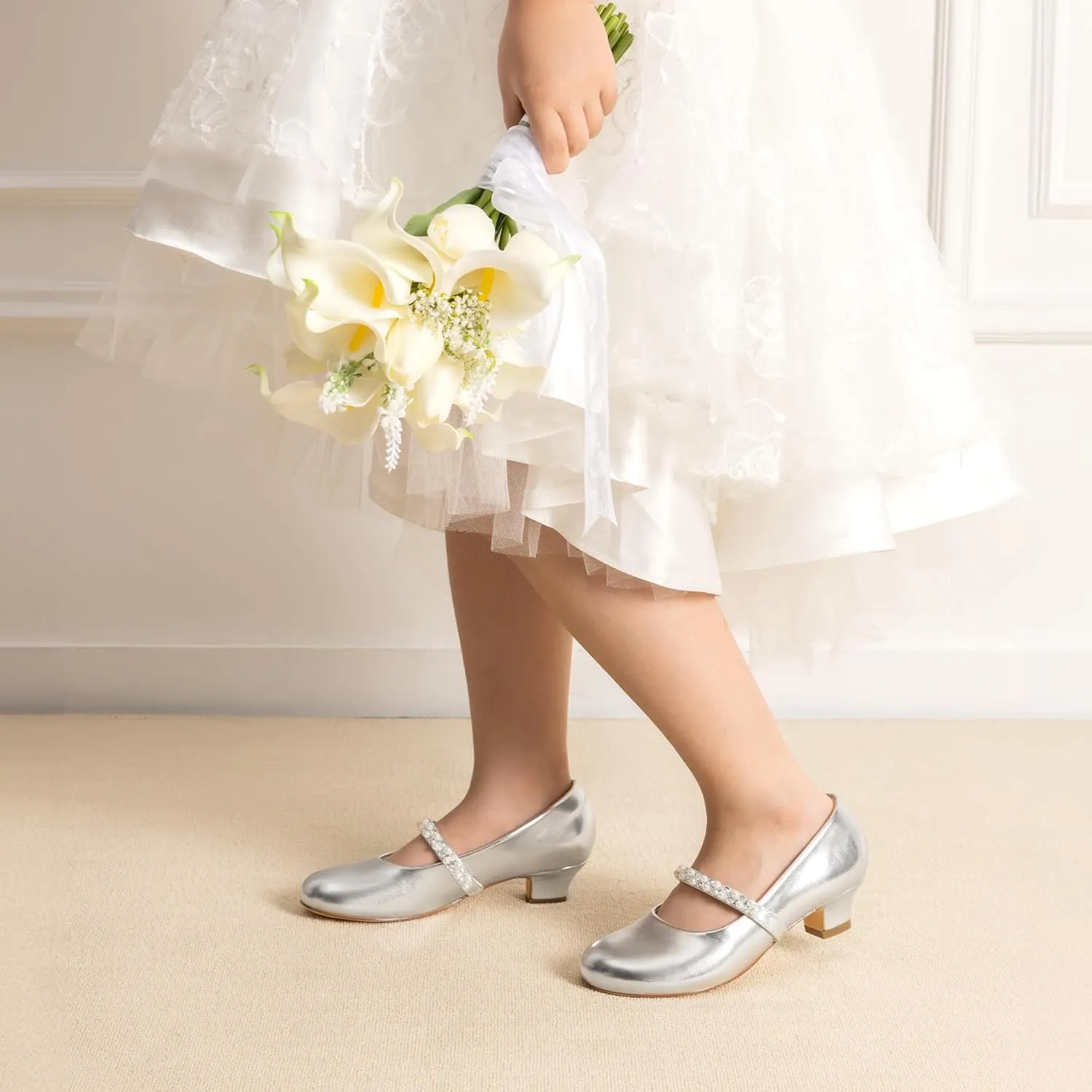 DREAM PAIRS Girls Dress Shoes Low Heels for Little Big Girl Mary Jane Shoes with Pearl Rhinestones Flower Girl Pumps Princess Wedding Party