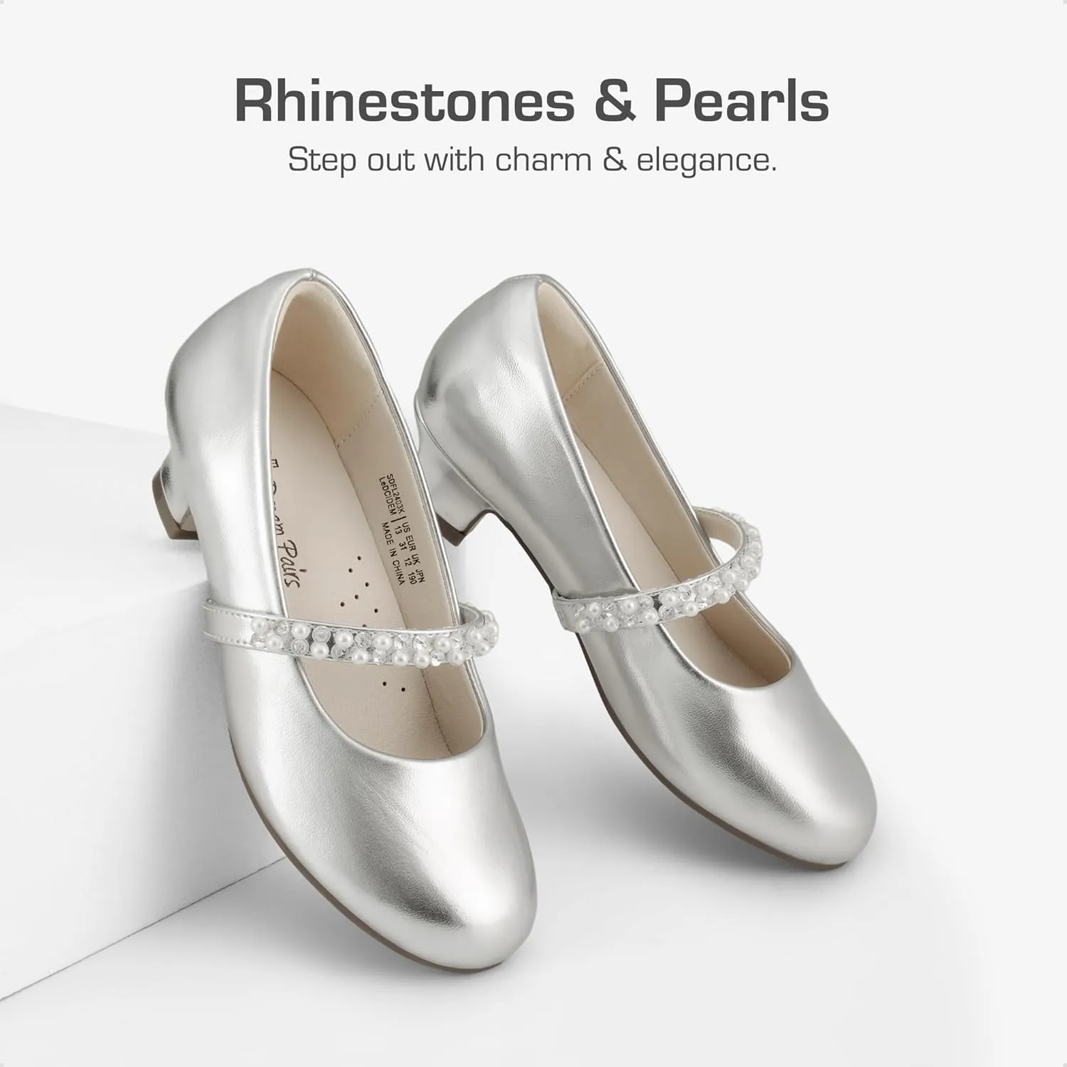 DREAM PAIRS Girls Dress Shoes Low Heels for Little Big Girl Mary Jane Shoes with Pearl Rhinestones Flower Girl Pumps Princess Wedding Party